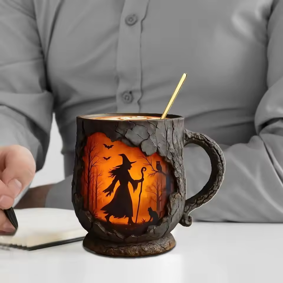Handmade 3D Halloween Fun Mug β Witch & Cat Design