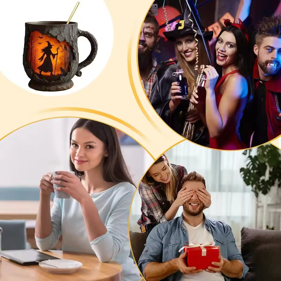 Handmade 3D Halloween Fun Mug β Witch & Cat Design
