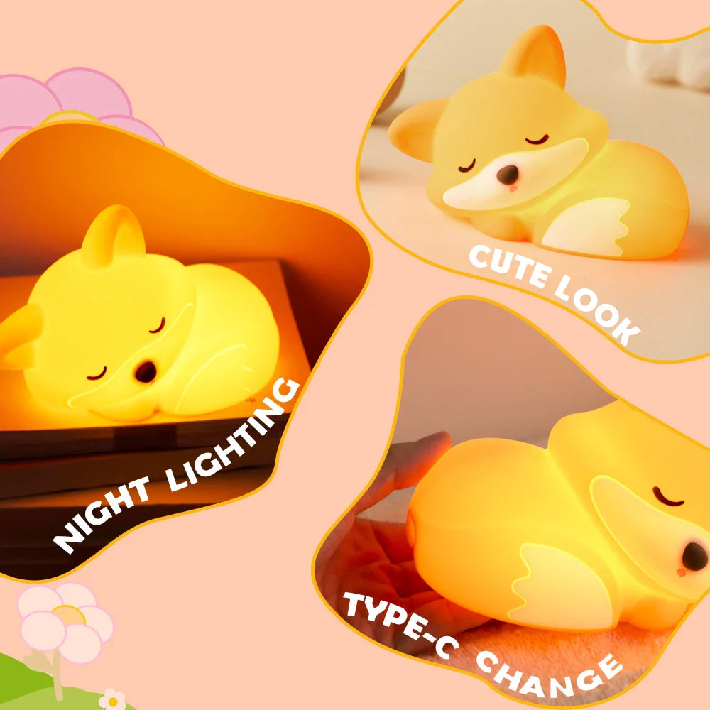 Fox Night Light with Curled Tail Silicone Squishy Animal Design Lamp Perfect Gift