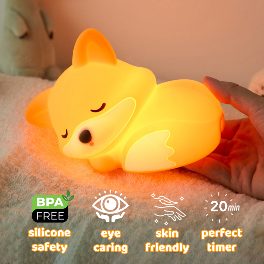 Fox Night Light with Curled Tail Silicone Squishy Animal Design Lamp Perfect Gift