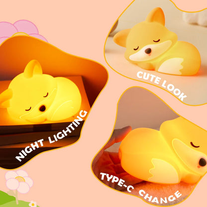 Fox Night Light with Curled Tail Silicone Squishy Animal Design Lamp Perfect Gift